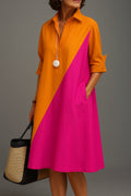Women's A-Line Colorblock Midi Cocktail Dress - Orange Pink