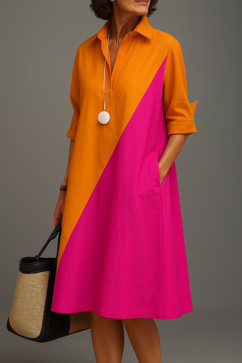 Women's A-Line Colorblock Midi Cocktail Dress - Orange Pink