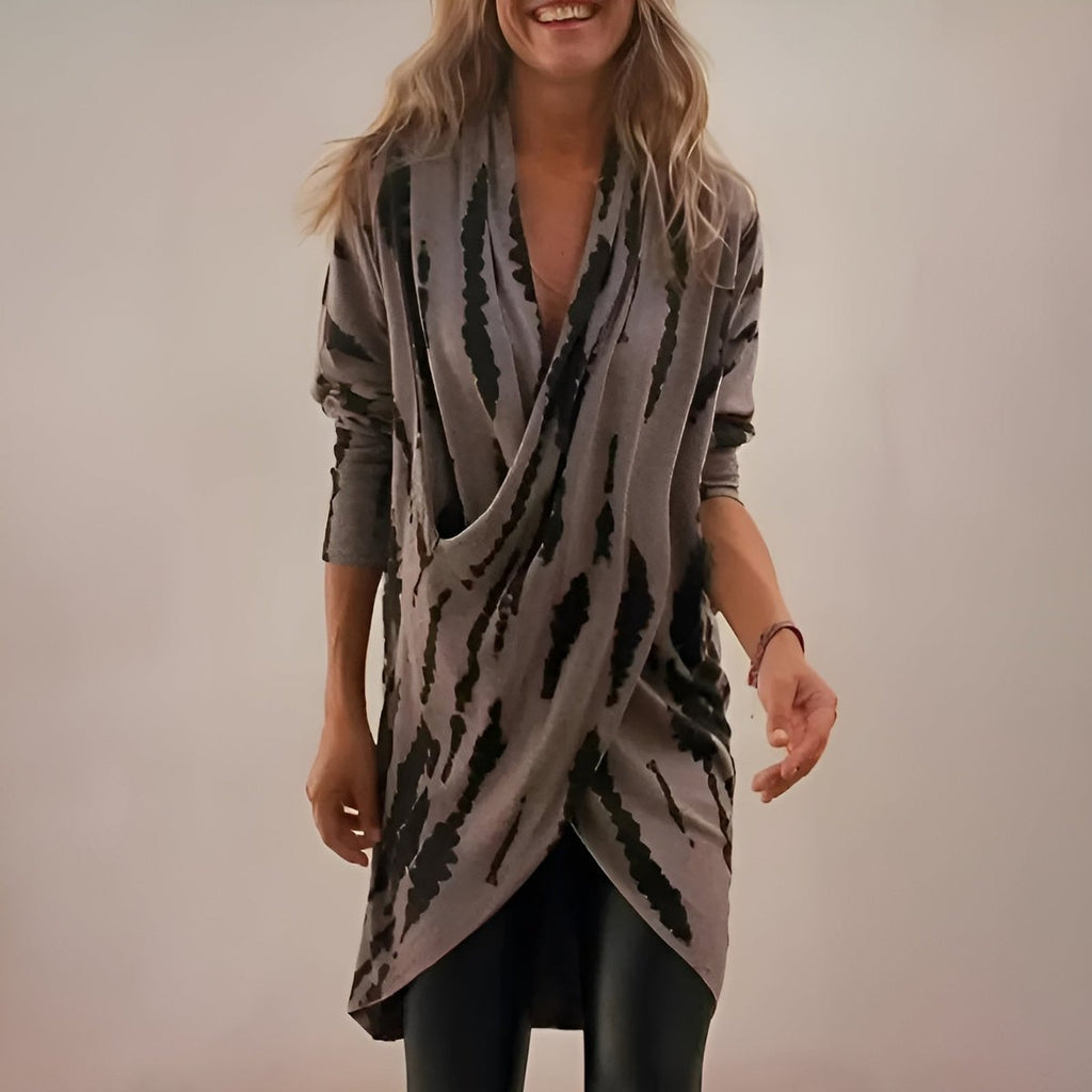 Women's Abstract Print V-Neck Draped Wrap Tunic