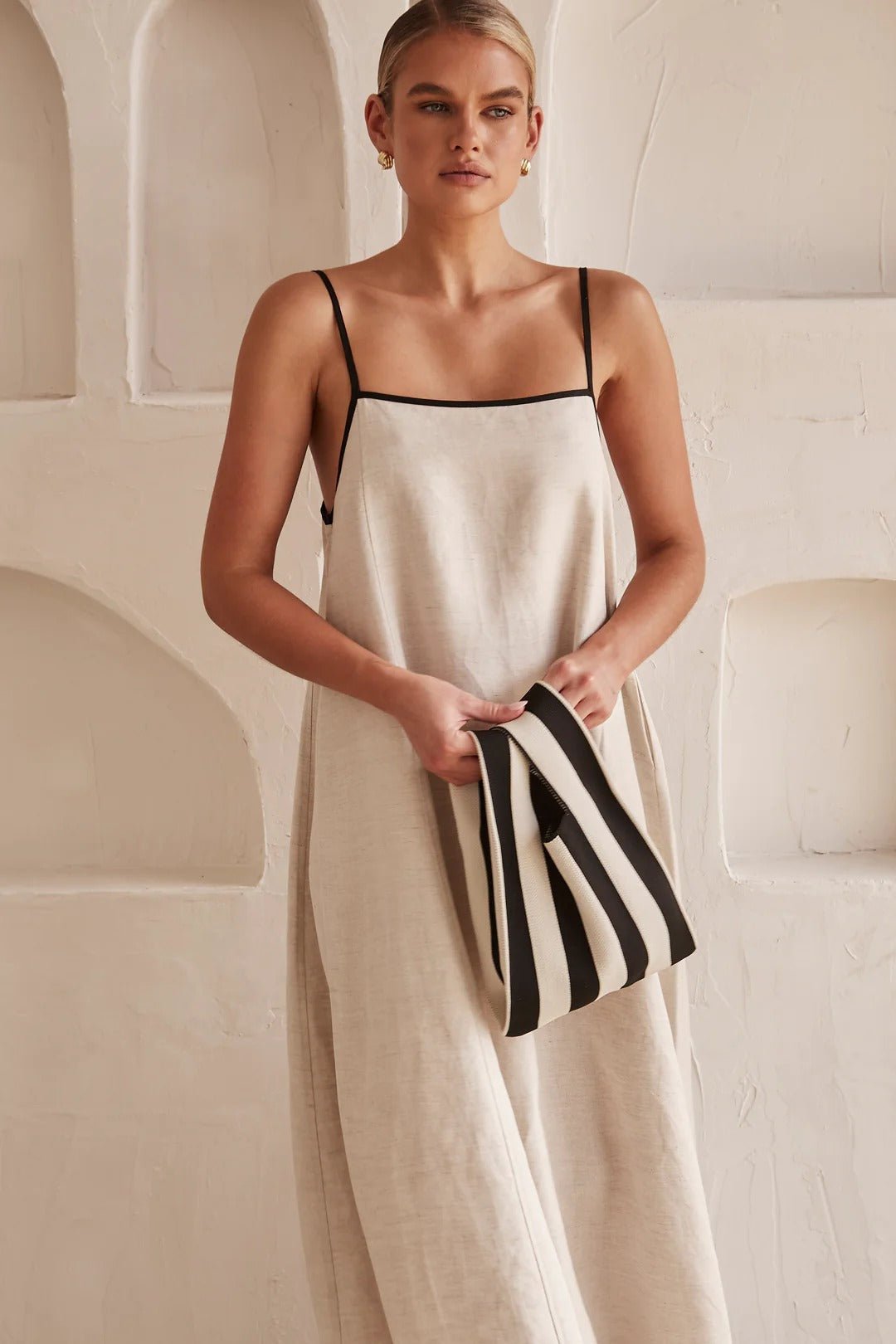 Women's Adjustable-Strap Linen Contrast-Trim Maxi Dress