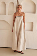 Women's Adjustable-Strap Linen Contrast-Trim Maxi Dress - Cream