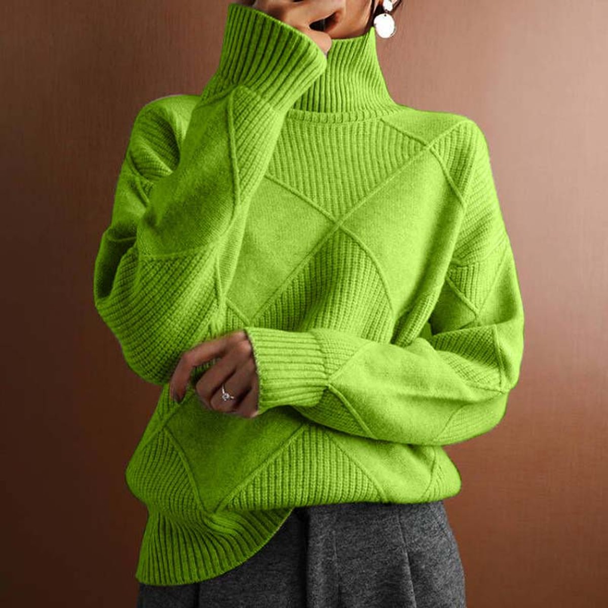 Women's Argyle Knit Turtleneck Sweater Relaxed-Fit Pullover - Green