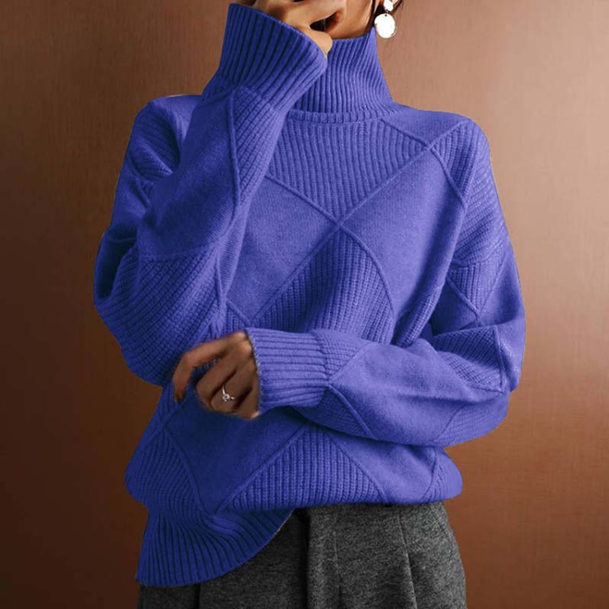 Women's Argyle Knit Turtleneck Sweater Relaxed-Fit Pullover - Blue