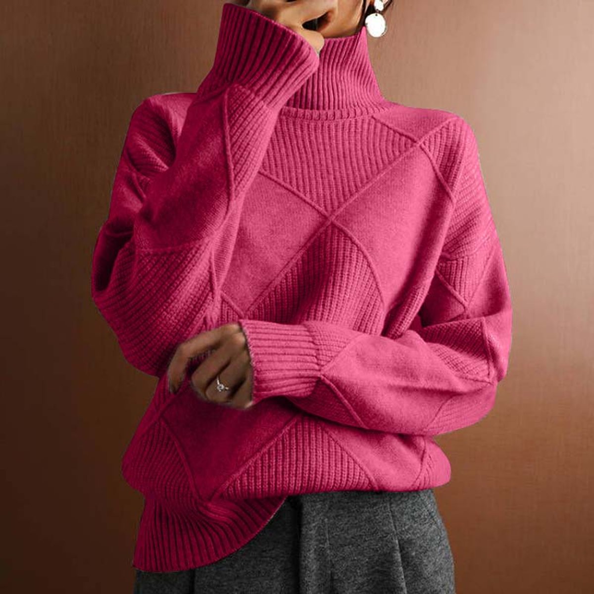 Women's Argyle Knit Turtleneck Sweater Relaxed-Fit Pullover - Pink