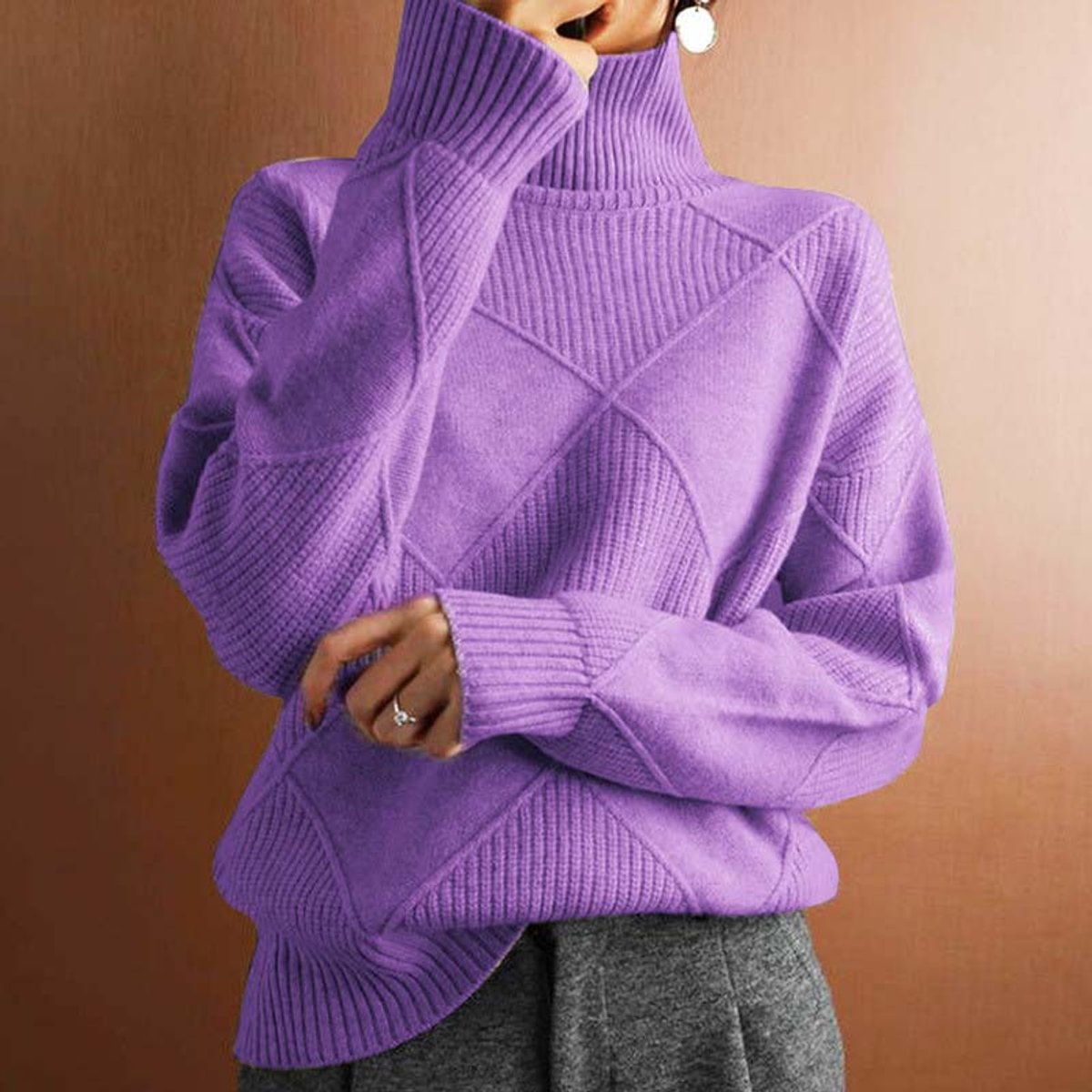 Women's Argyle Knit Turtleneck Sweater Relaxed-Fit Pullover - Light Lilac