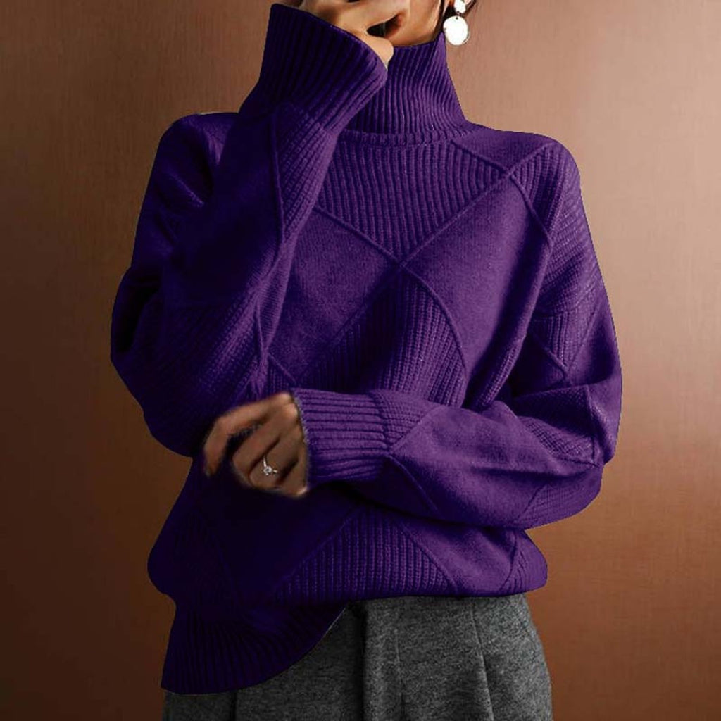 Women's Argyle Knit Turtleneck Sweater Relaxed-Fit Pullover - Dark Purple