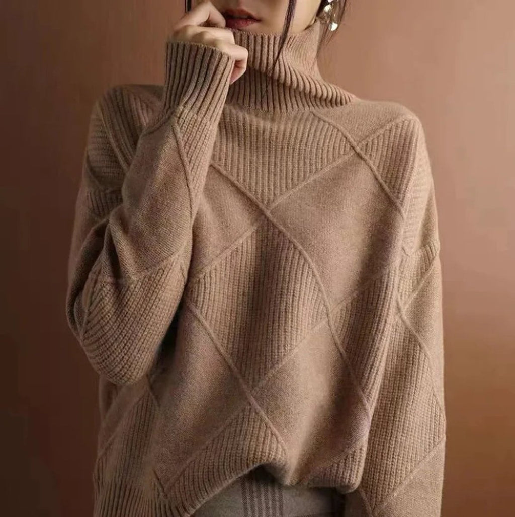 Women's Argyle Knit Turtleneck Sweater Relaxed-Fit Pullover - Brown