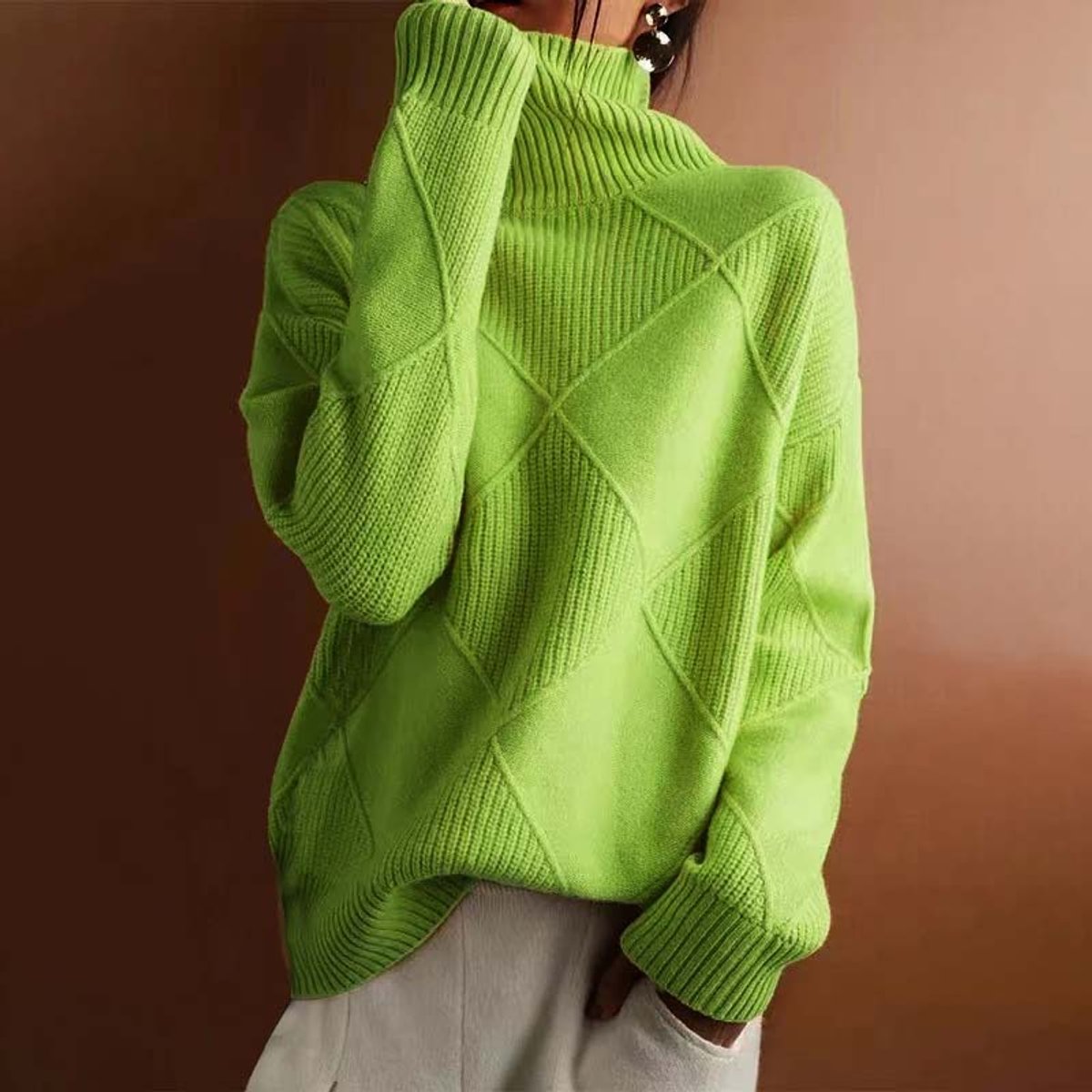 Women's Argyle Knit Turtleneck Sweater Relaxed-Fit Pullover