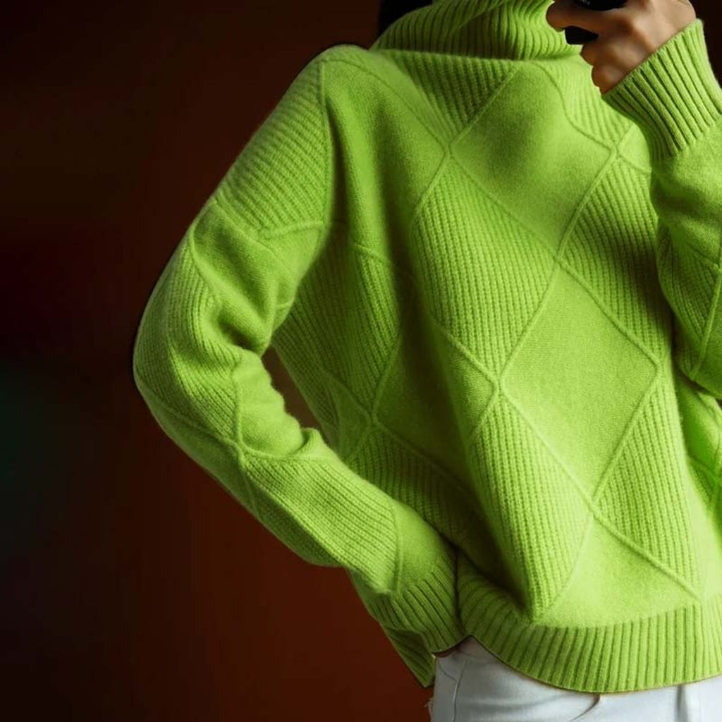 Women's Argyle Knit Turtleneck Sweater Relaxed-Fit Pullover