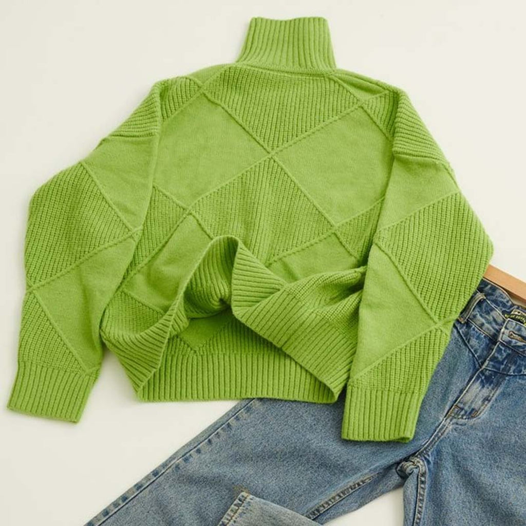 Women's Argyle Knit Turtleneck Sweater Relaxed-Fit Pullover