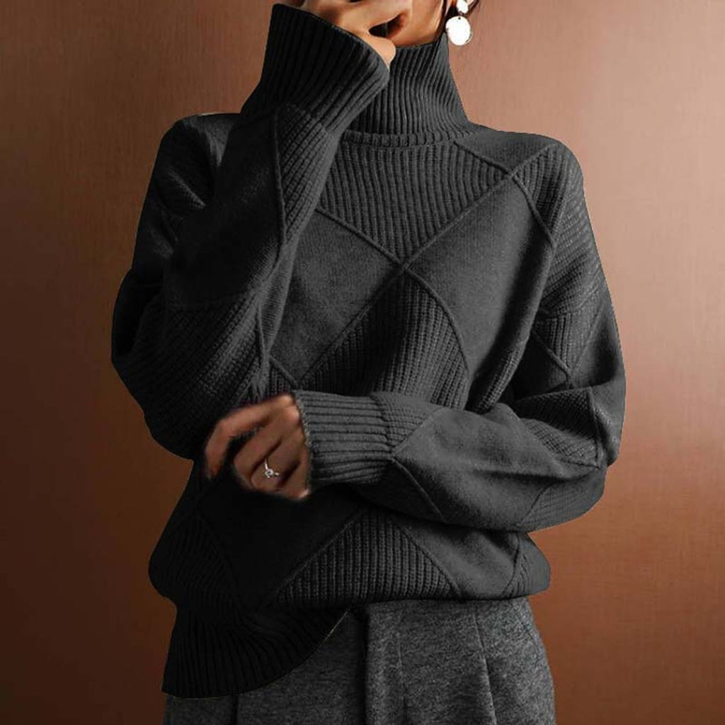 Women's Argyle Knit Turtleneck Sweater Relaxed-Fit Pullover - Black