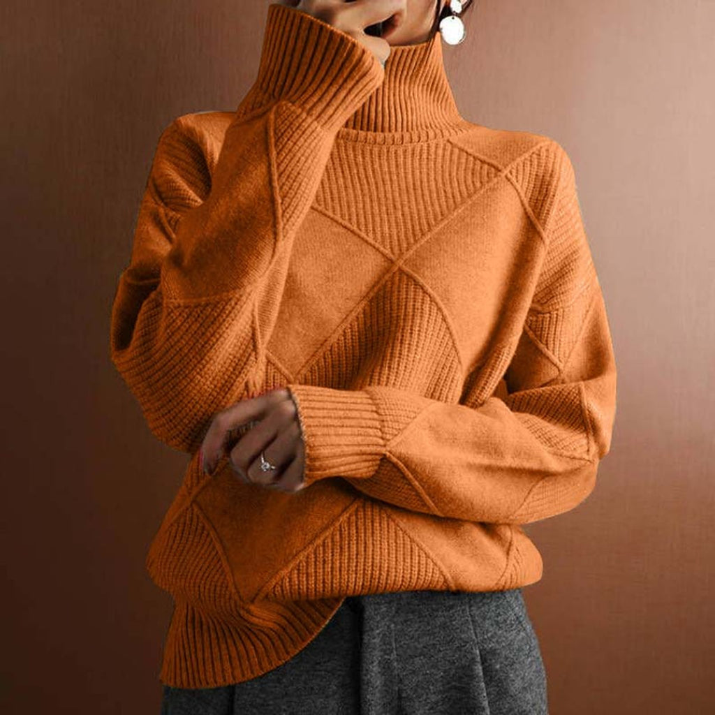 Women's Argyle Knit Turtleneck Sweater Relaxed-Fit Pullover - Orange
