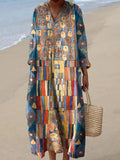 Women's Artistic Print Relaxed Oversized Dress V-Neck Maxi - Multicolor