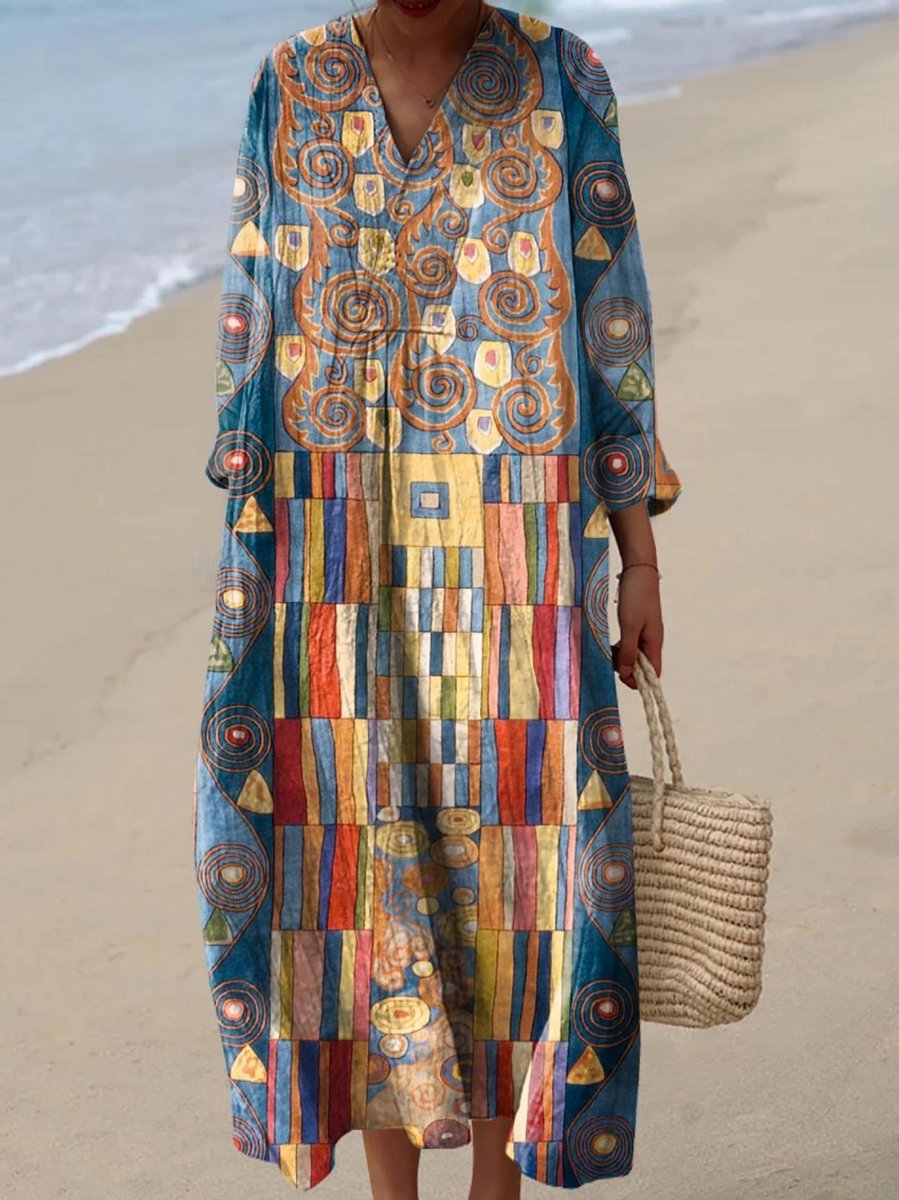 Women's Artistic Print Relaxed Oversized Dress V-Neck Maxi - Multicolor