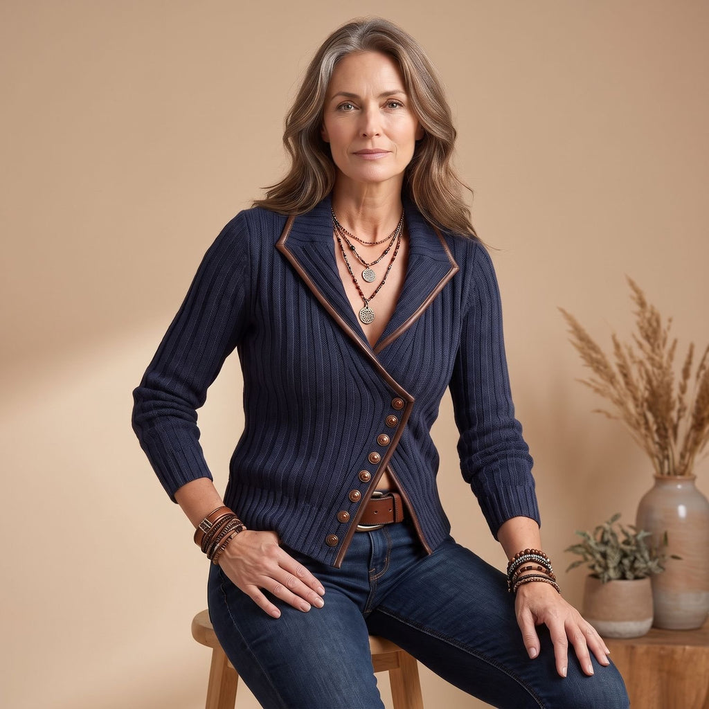 Women's Asymmetric Contrast Trim Button-Front Knit Jacket - Navy Blue