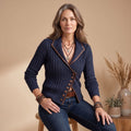 Women's Asymmetric Contrast Trim Button-Front Knit Jacket - Navy Blue