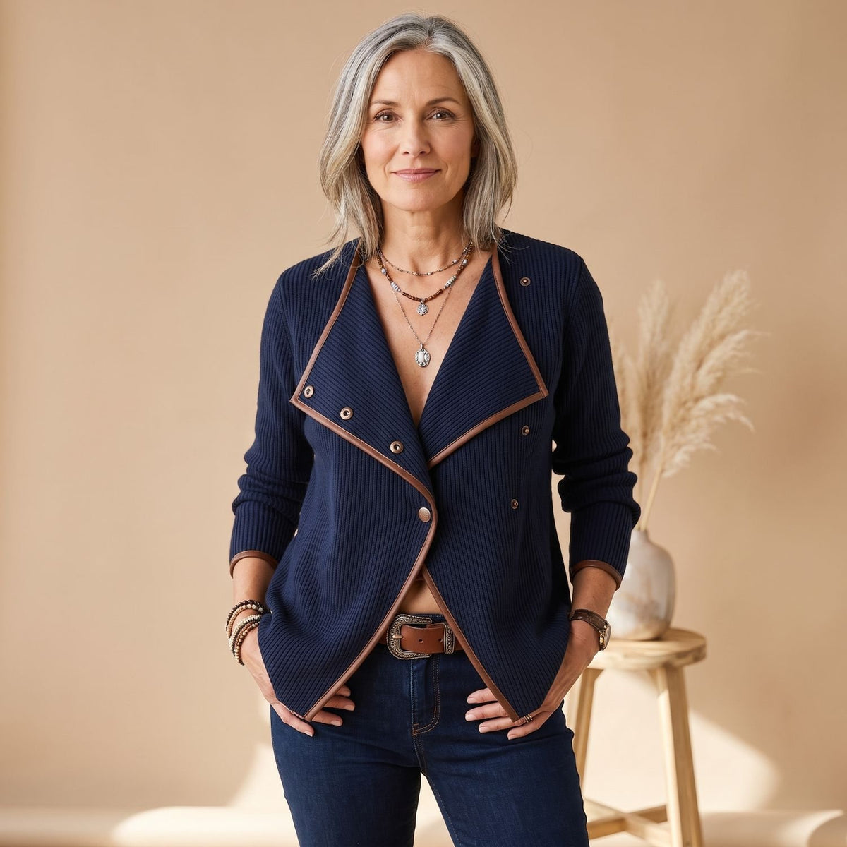 Women's Asymmetric Contrast Trim Button-Front Knit Jacket