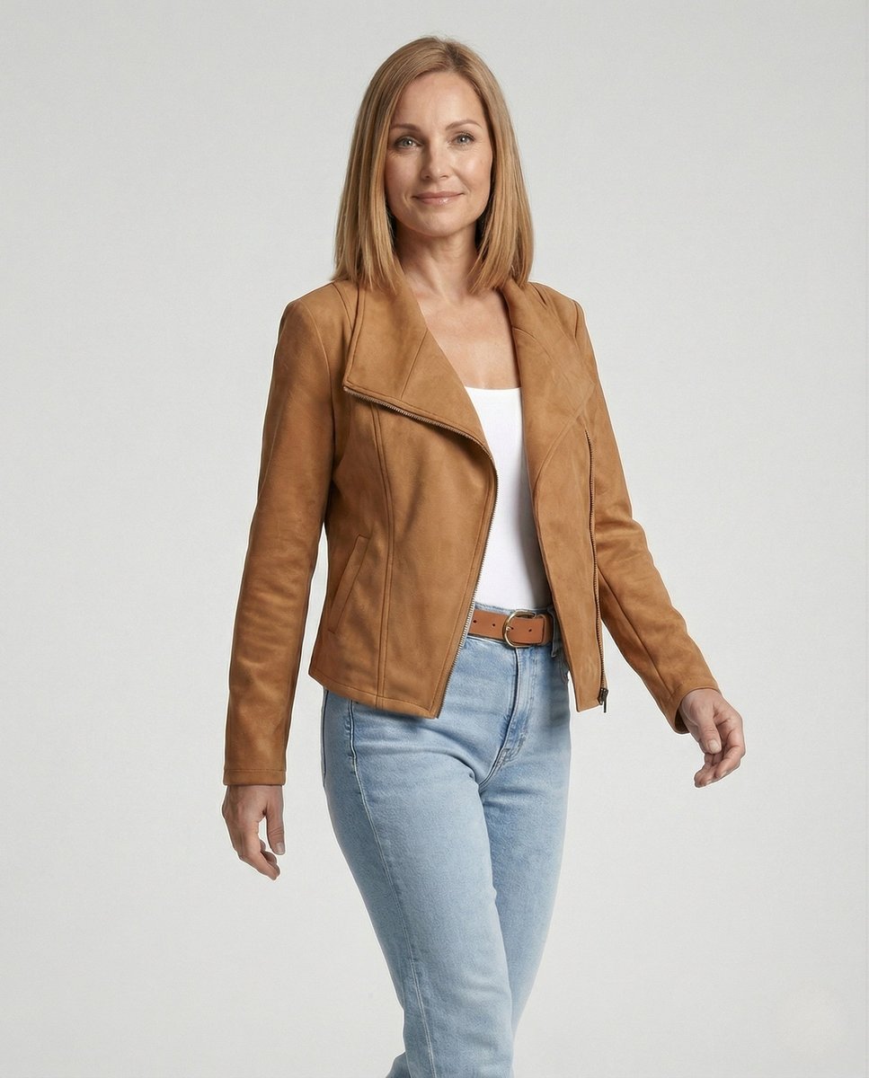 Women's Asymmetric-Zip Tailored Faux Suede Biker Leather Jacket