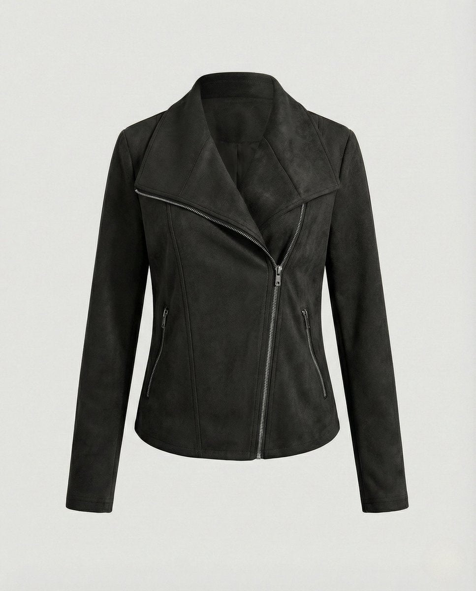 Women's Asymmetric-Zip Tailored Faux Suede Biker Leather Jacket - Black