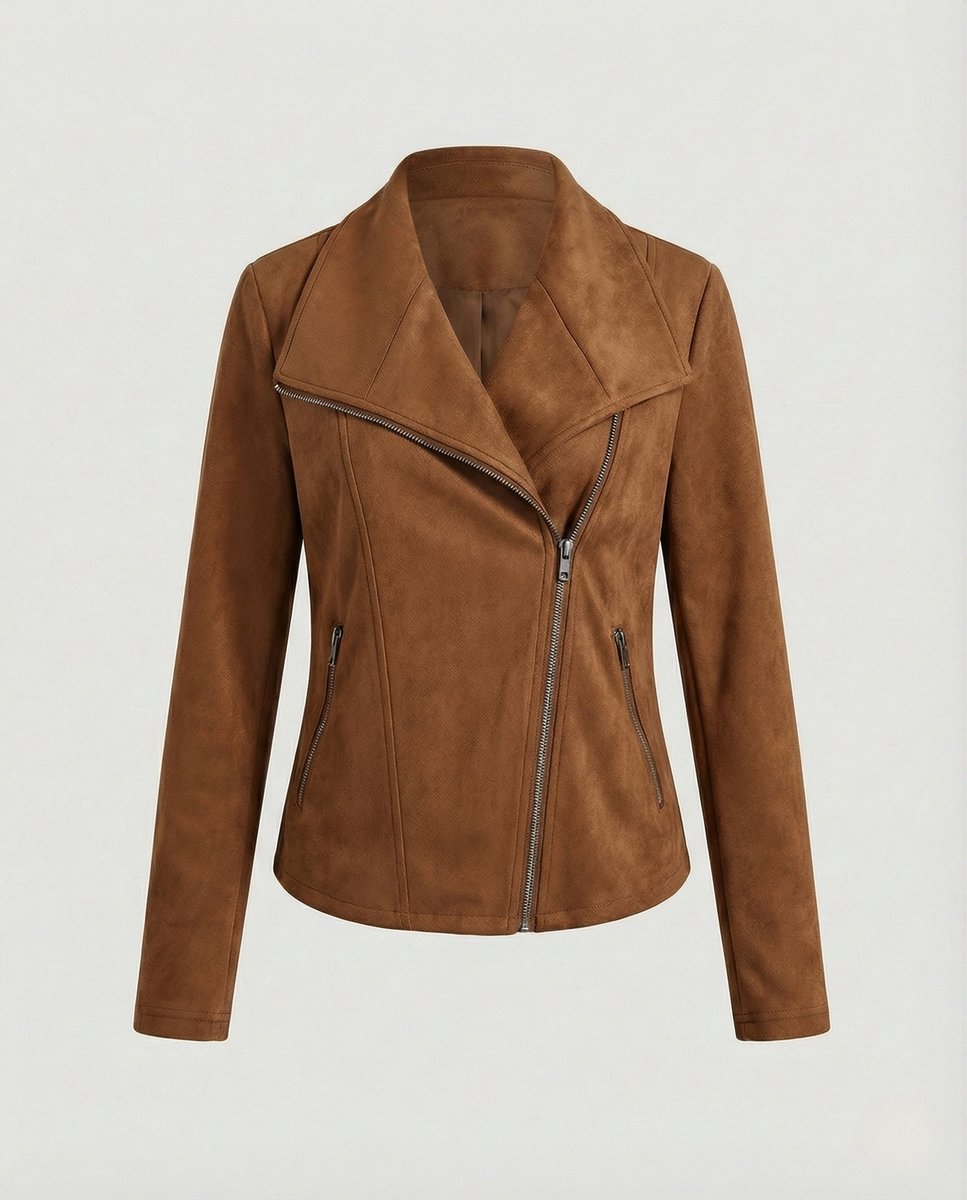 Women's Asymmetric-Zip Tailored Faux Suede Biker Leather Jacket - Camel