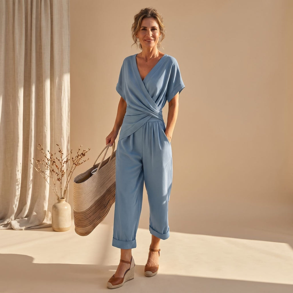Women's Aurelia Crossover V-Neck Cropped Jumpsuit Two-Piece Set - Light Blue