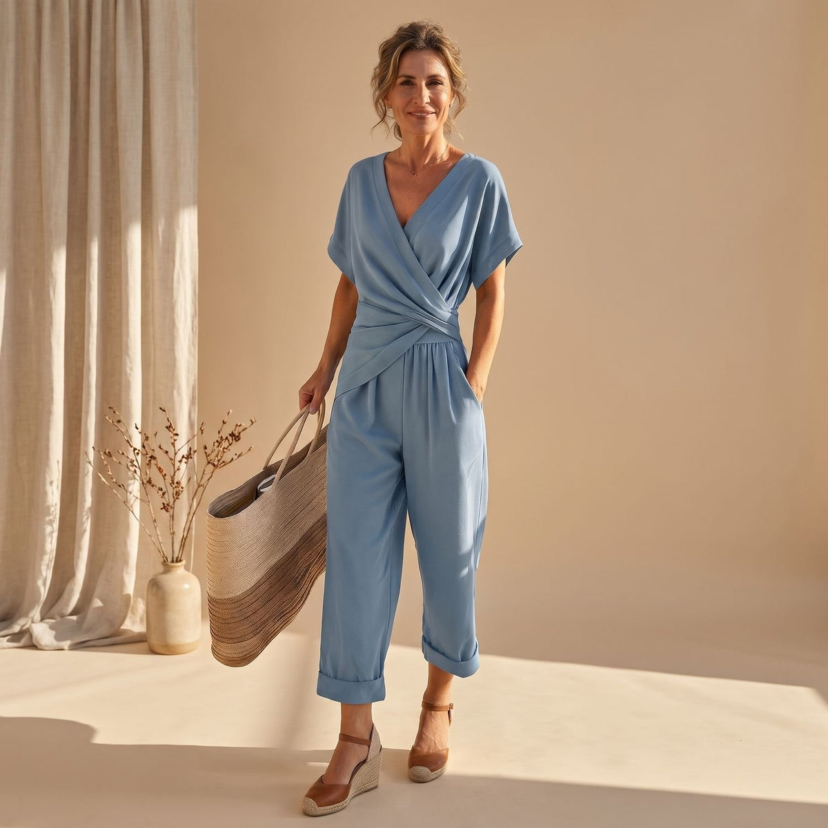 Women's Aurelia Crossover V-Neck Cropped Jumpsuit Two-Piece Set - Light Blue