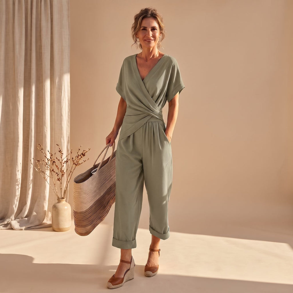 Women's Aurelia Crossover V-Neck Cropped Jumpsuit Two-Piece Set - Khaki