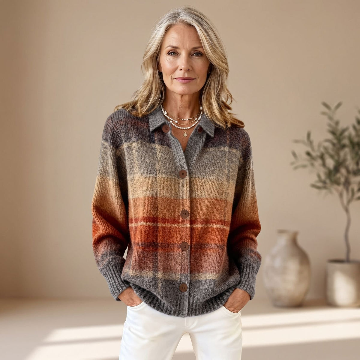 Women's Autumn Ombre Plaid Button-Down Knit Cardigan - Multicolor