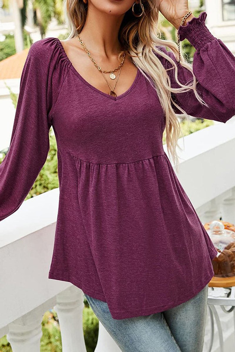 Women's Babydoll V-Neck Long Sleeve Smocked Cuff Tunic - Vintrode