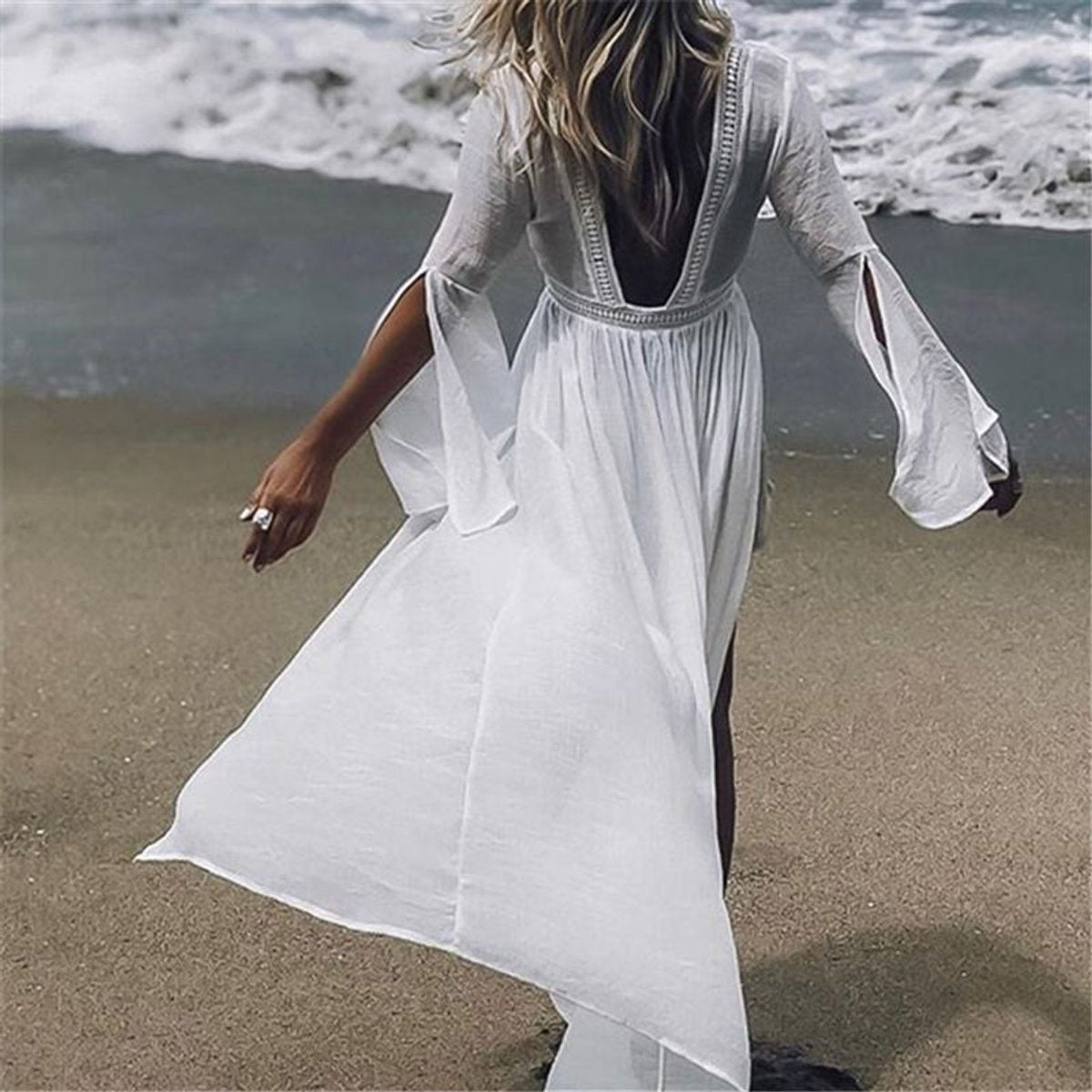 Women's Backless Flowy Maxi Beach Tunic Kimono Cover-Up
