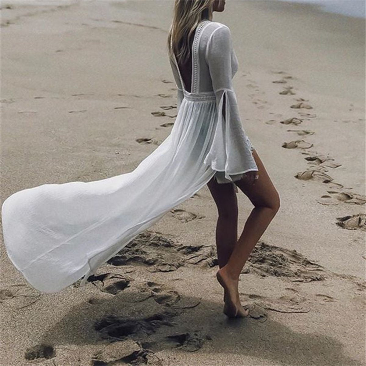 Women's Backless Flowy Maxi Beach Tunic Kimono Cover-Up