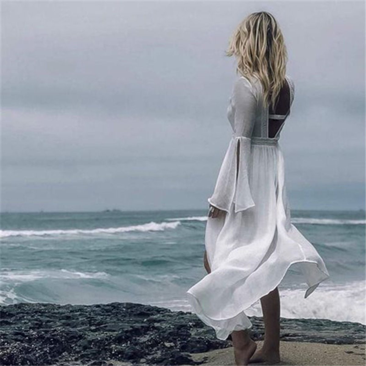Women's Backless Flowy Maxi Beach Tunic Kimono Cover-Up