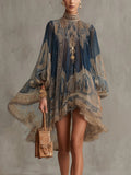 Women's Baroque Print High-Neck Chiffon Mini Dress - Navy