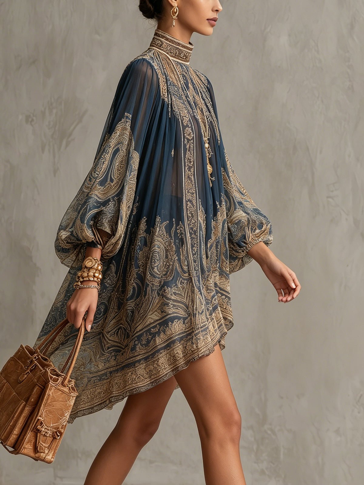 Women's Baroque Print High-Neck Chiffon Mini Dress