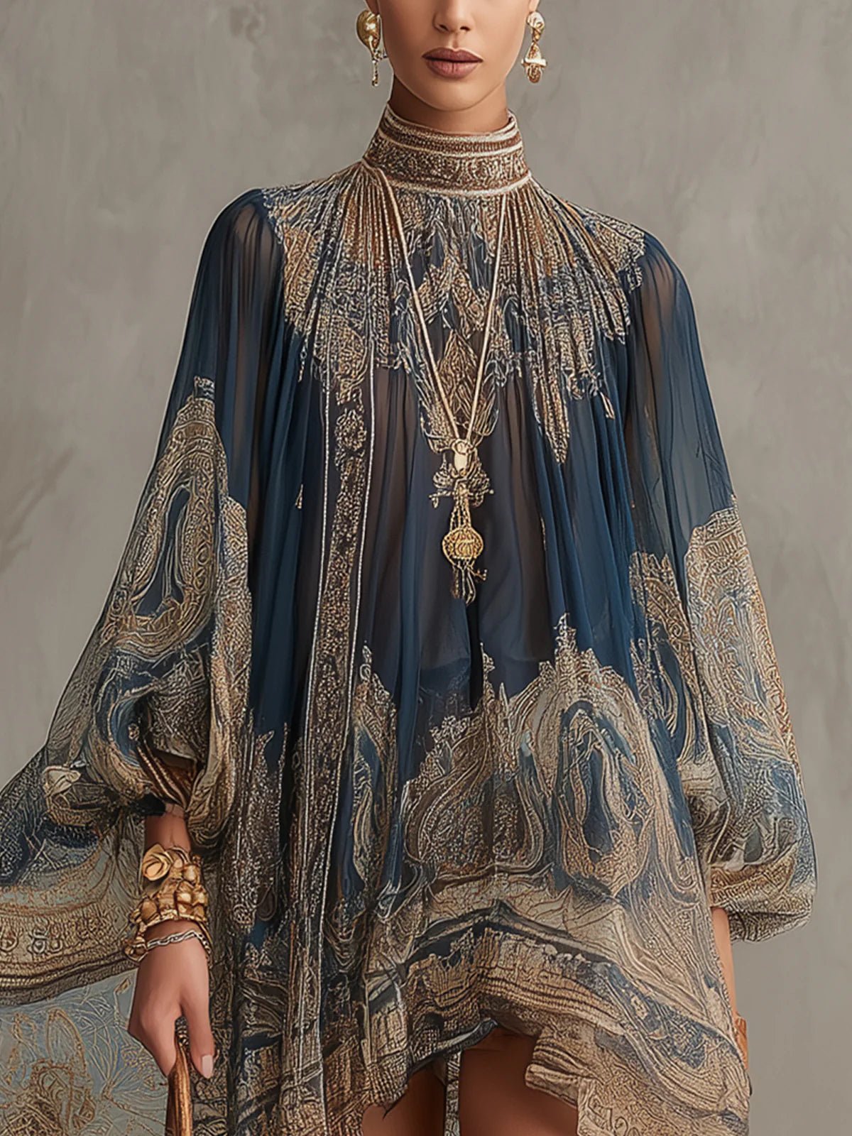 Women's Baroque Print High-Neck Chiffon Mini Dress
