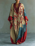Women's Batwing Sleeve Floral Maxi Long Sleeve Dress Japanese Plum Print - Red