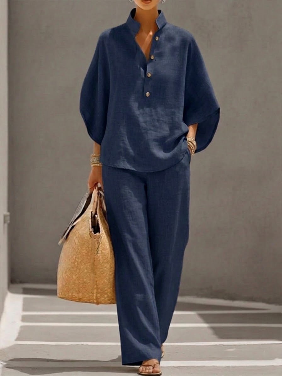 Women's Batwing Sleeve Wide-Leg Two-Piece Set - Navy