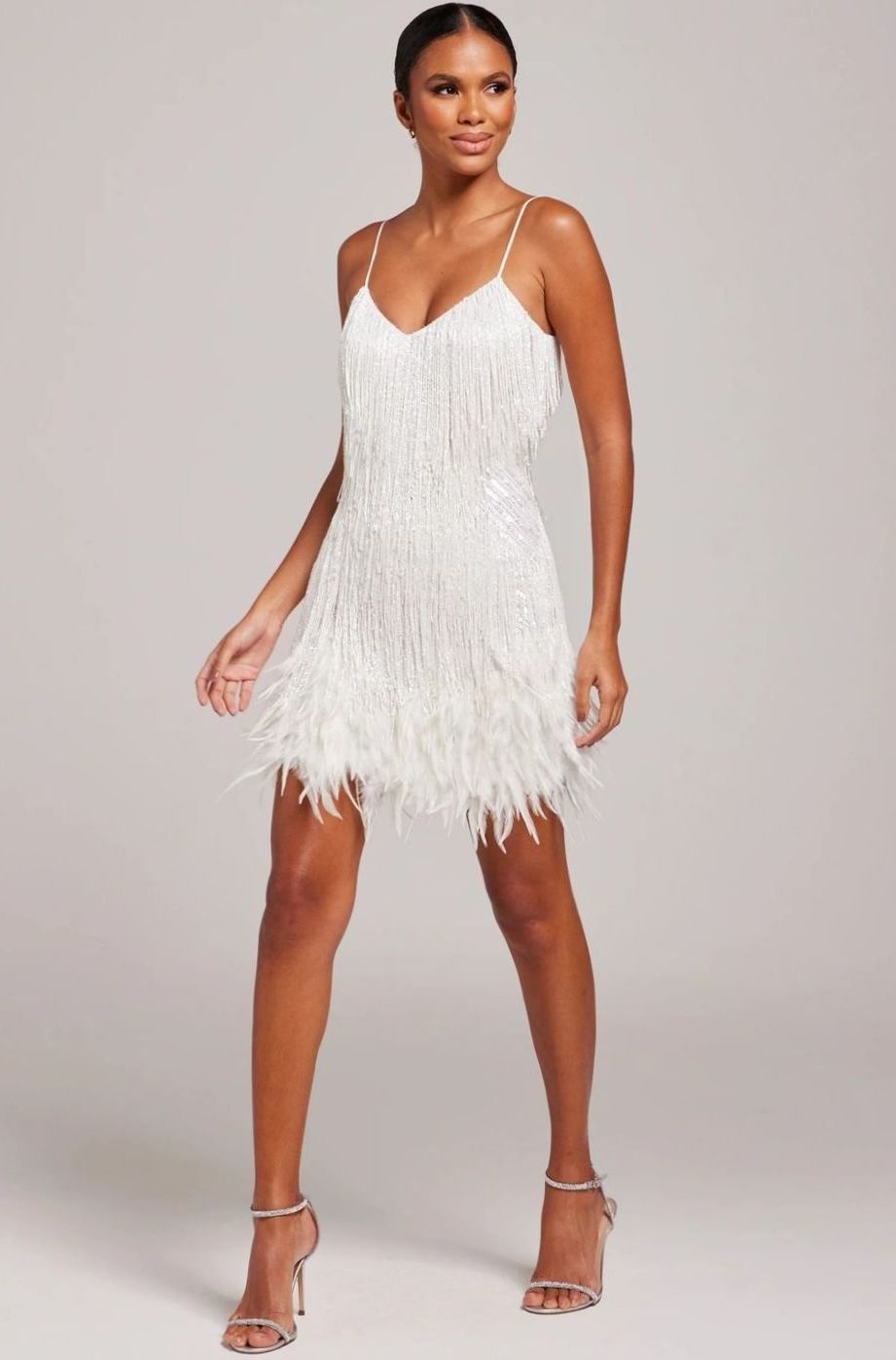Women's Beaded Fringe Feather-Trim Mini Cocktail Dress