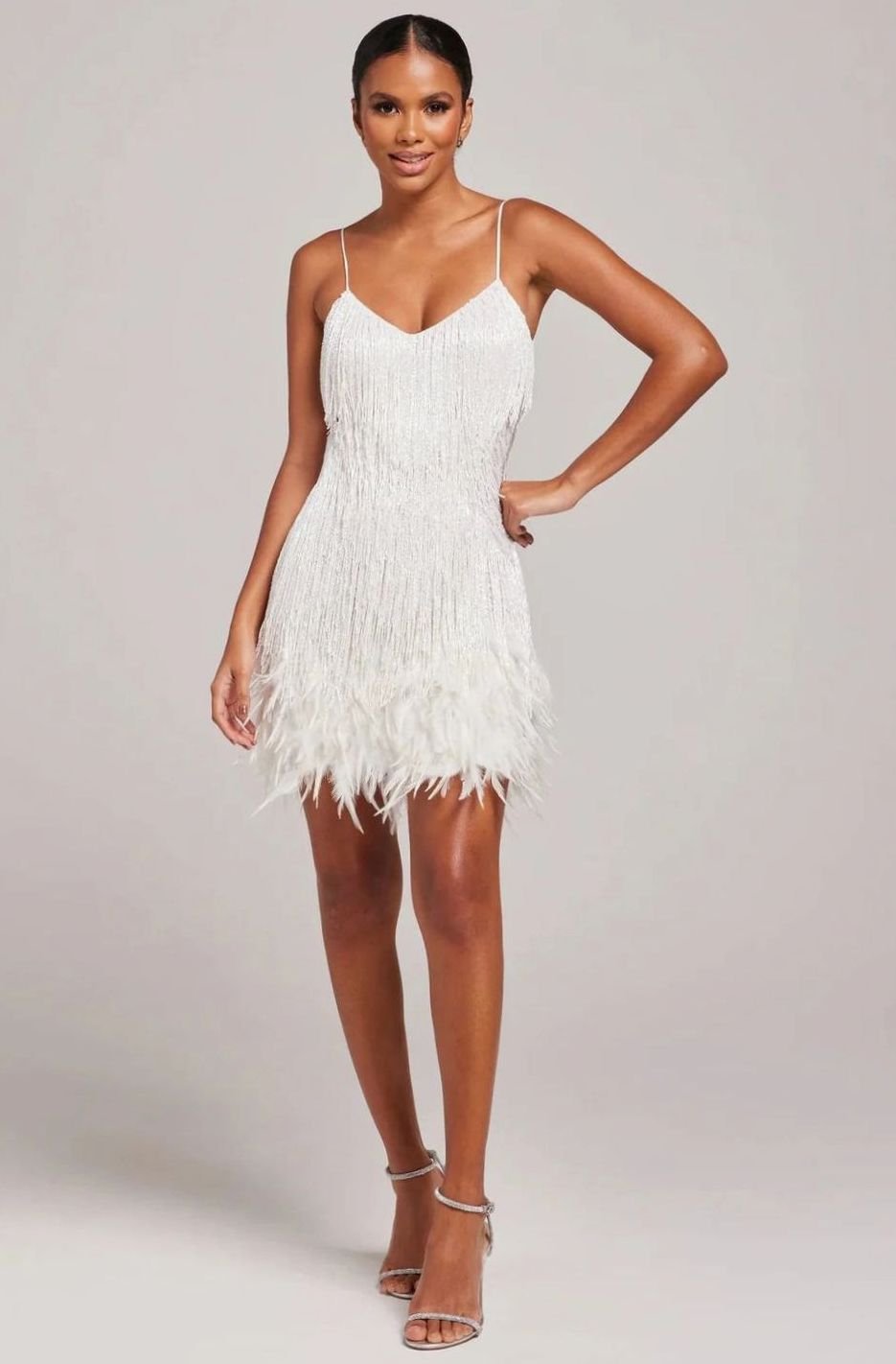 Women's Beaded Fringe Feather-Trim Spaghetti Strap Mini Dress - White