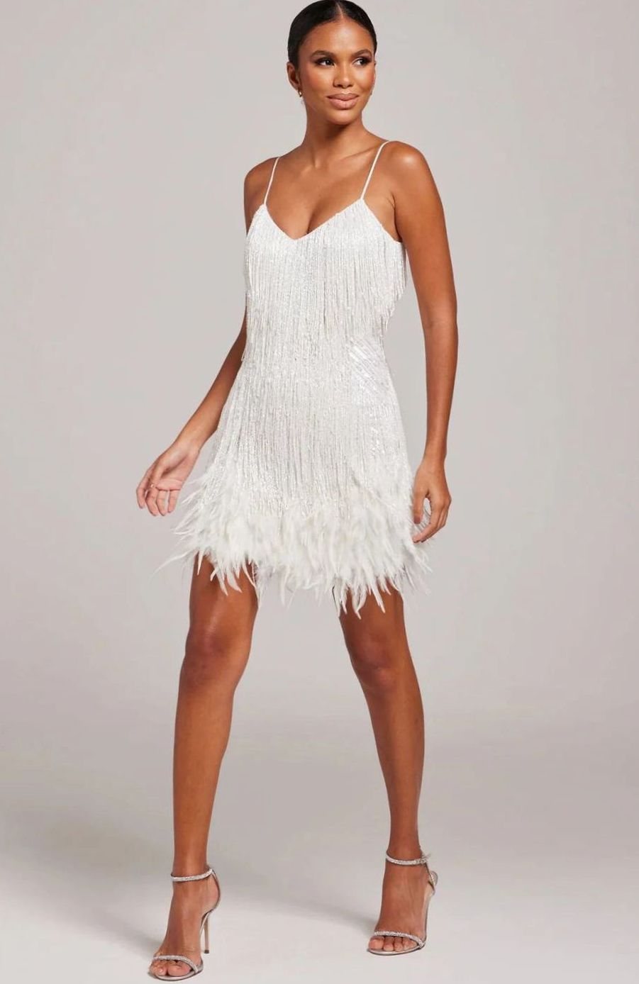 Women's Beaded Fringe Feather-Trim Spaghetti Strap Mini Dress
