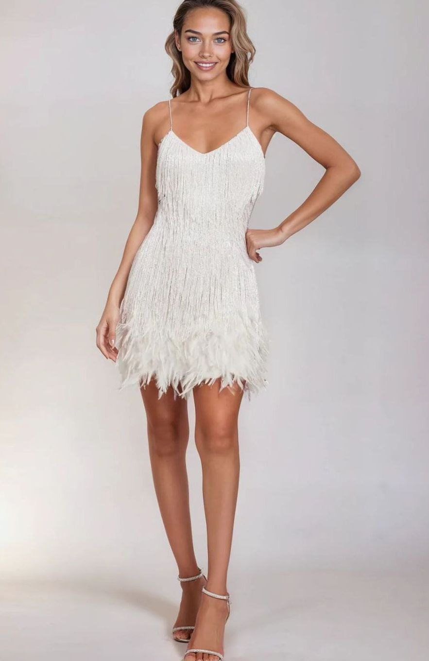 Women's Beaded Fringe Feather-Trim Spaghetti Strap Mini Dress