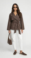 Women's Belted Double-Breasted Short Trench Coat - Brown