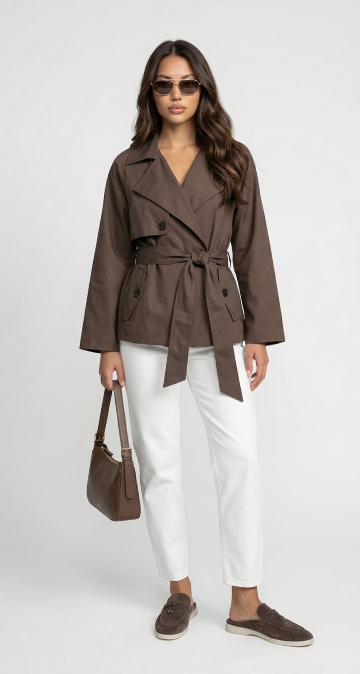 Women's Belted Double-Breasted Short Trench Coat - Brown