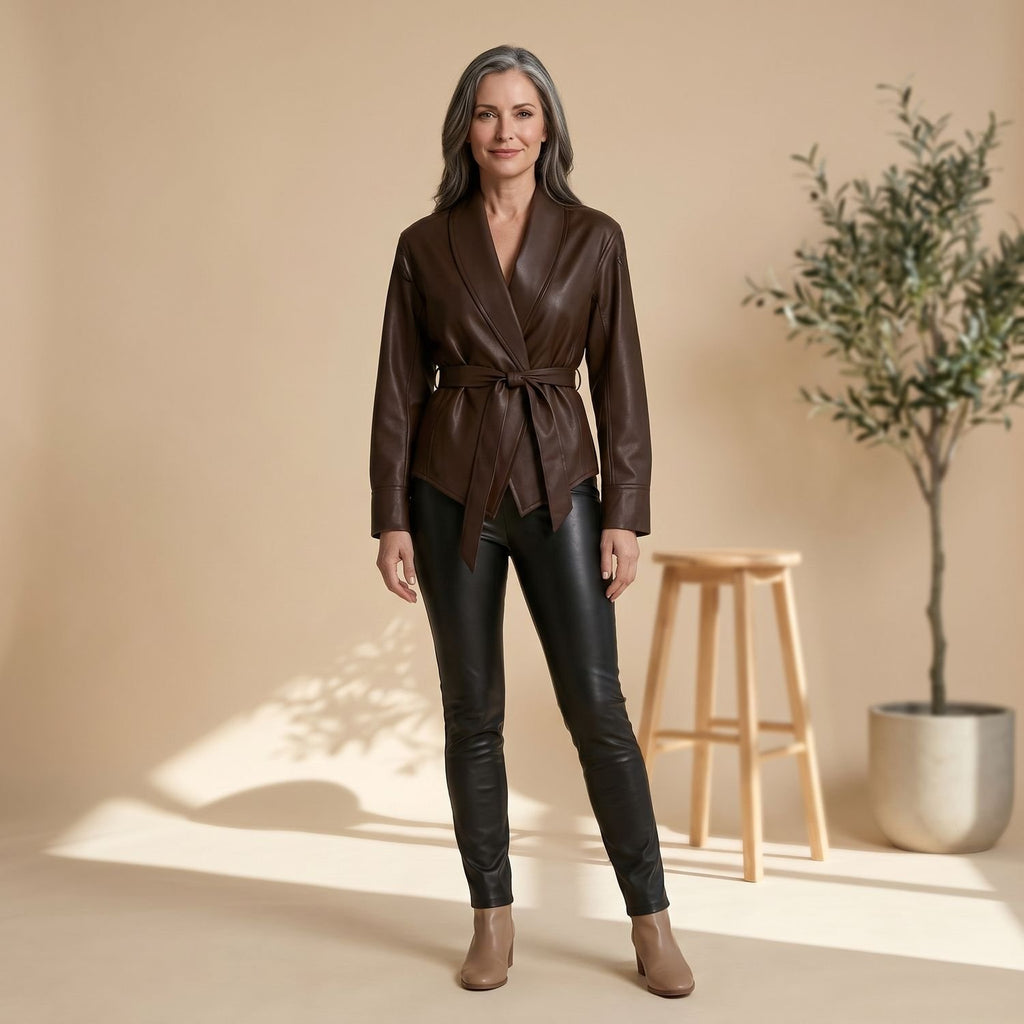 Women's Belted Faux Leather Wrap Jacket
