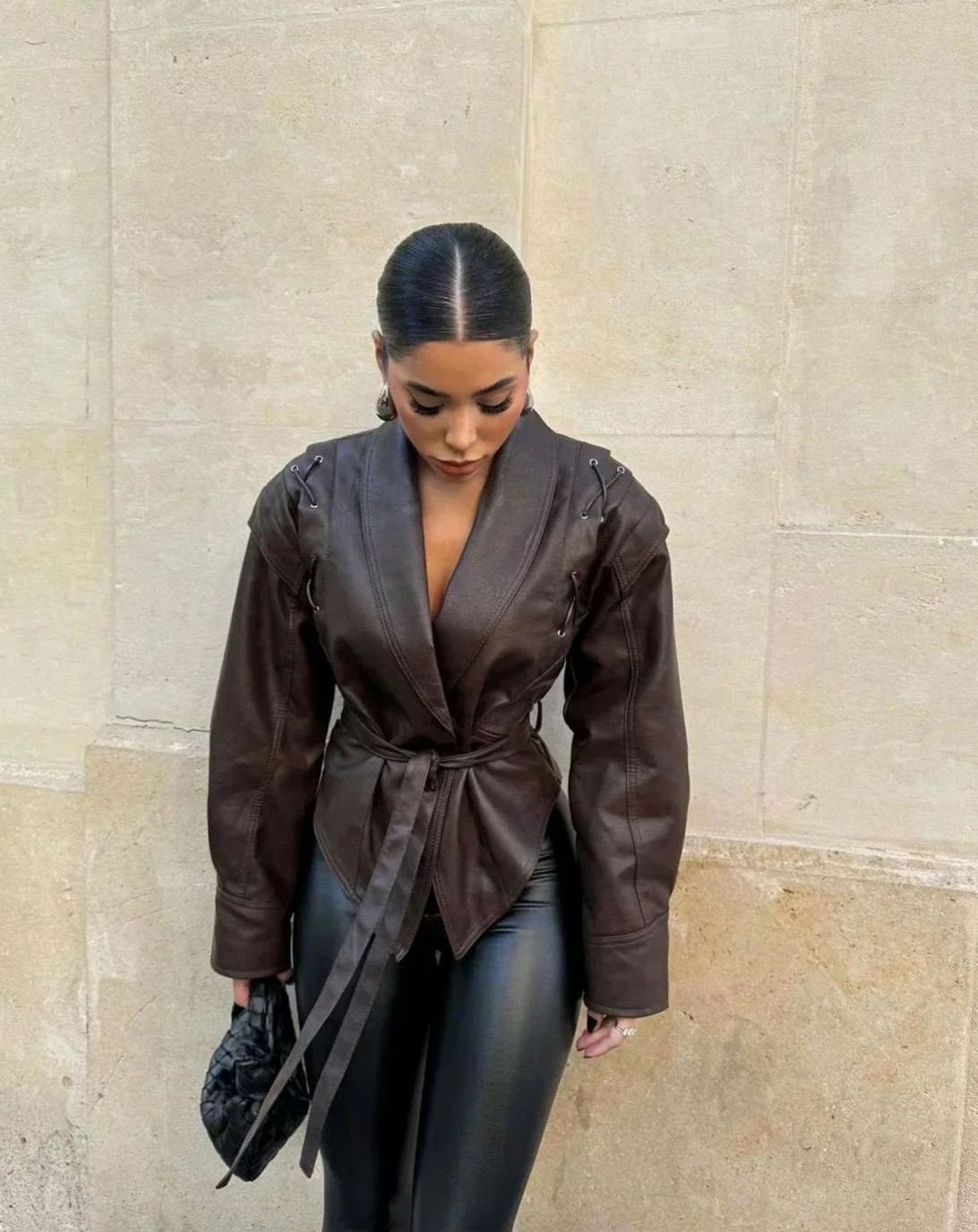 Women's Belted Faux Leather Wrap Jacket