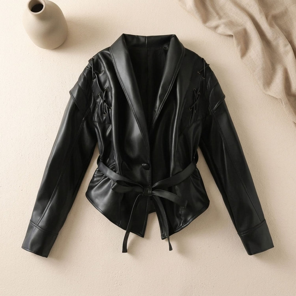 Women's Belted Faux Leather Wrap Jacket - Black