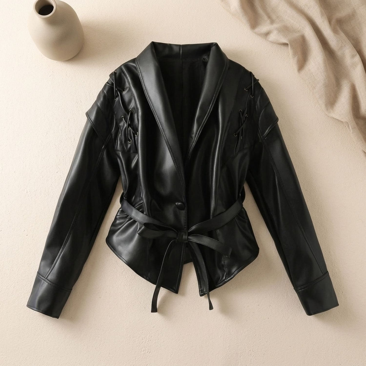 Women's Belted Faux Leather Wrap Jacket - Black