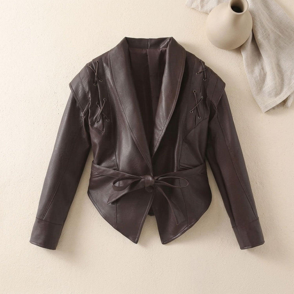 Women's Belted Faux Leather Wrap Jacket