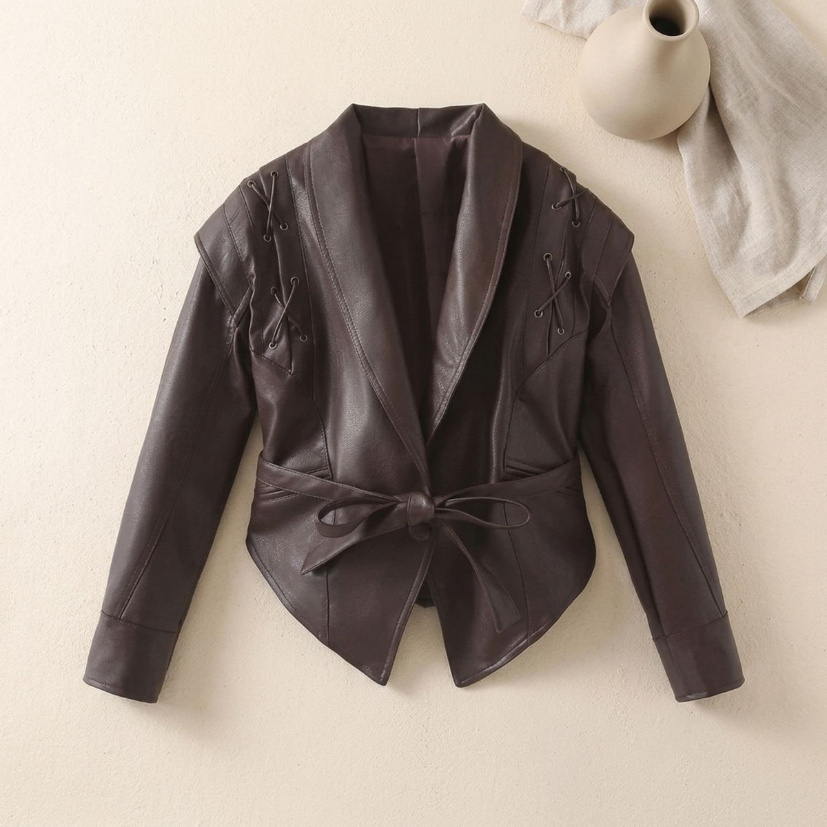Women's Belted Faux Leather Wrap Jacket