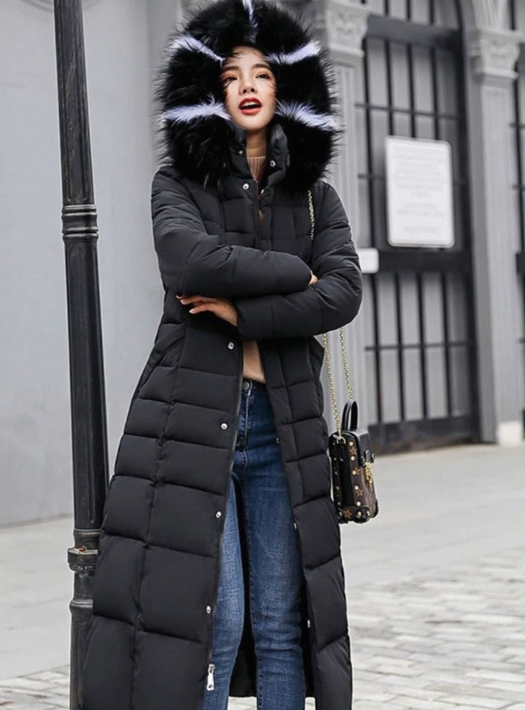 Women's Belted Long Quilted Hooded Puffer Coat Fur Trim - Black